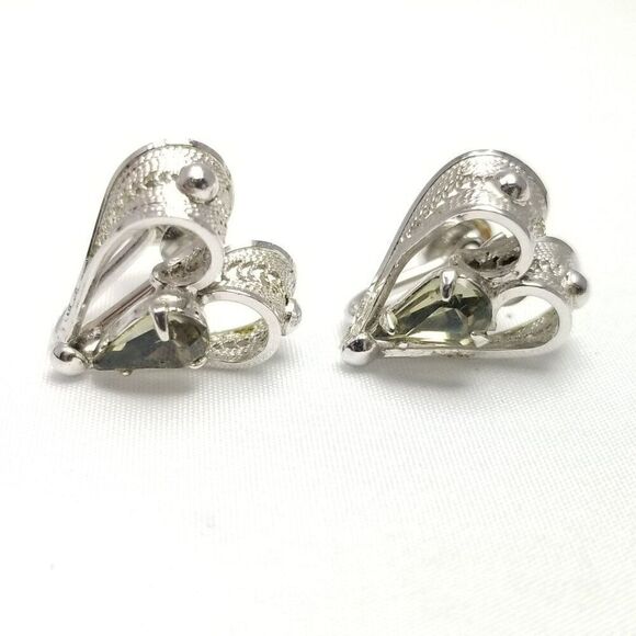 Vintage Sterling Silver Heart Shape Rhinestone Clip On Screw Back Earrings - Picture 2 of 7